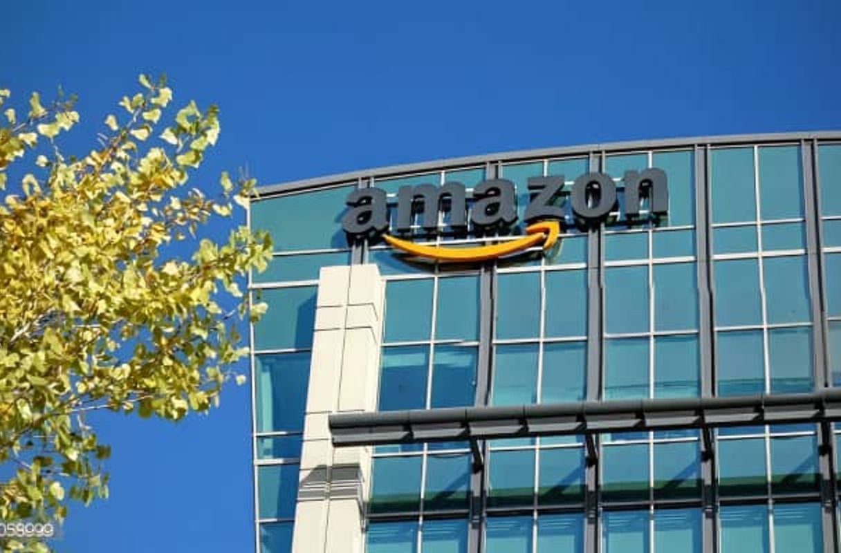 Amazon building signage with glass facade
